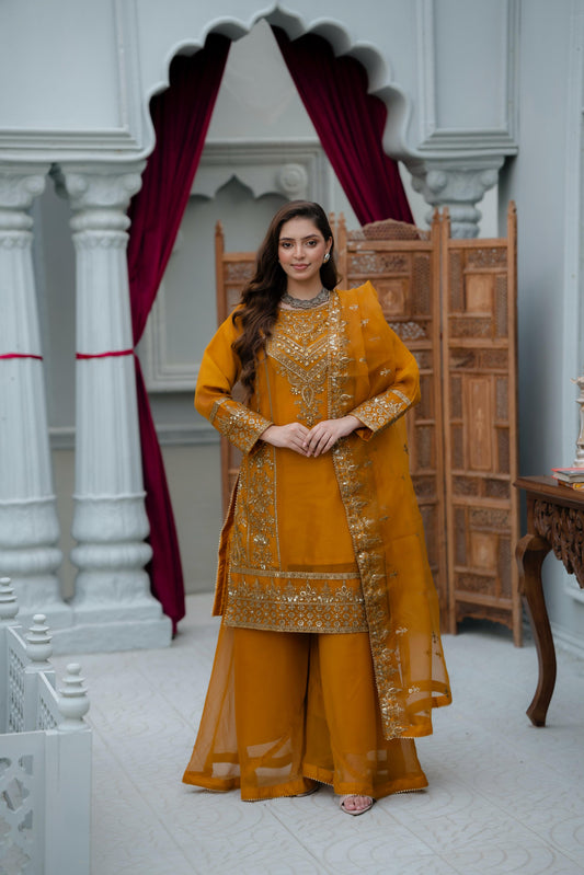 Mustard-Gold Crinkle Chiffon 3 pc Suit