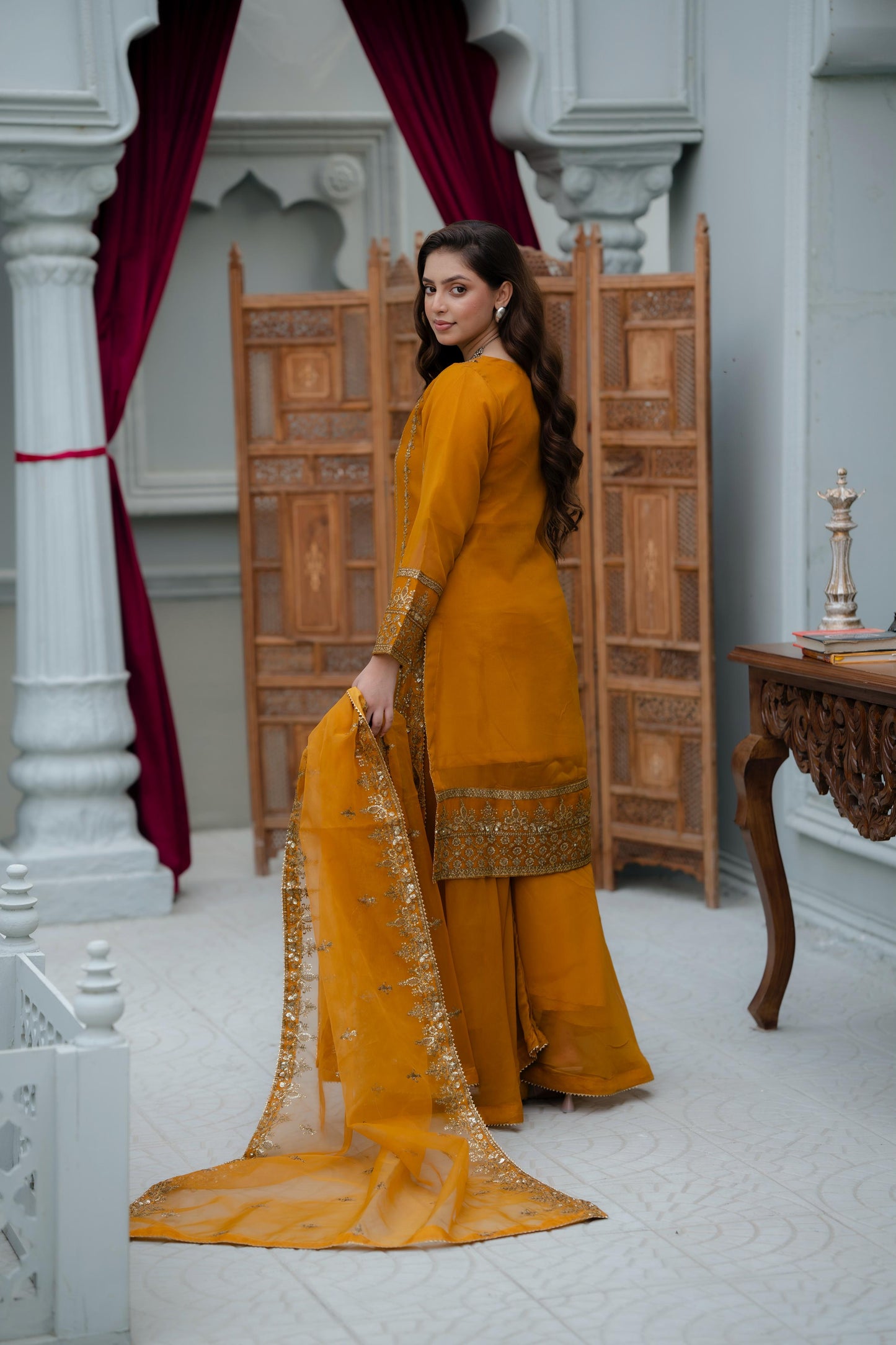 Mustard-Gold Crinkle Chiffon 3 pc Suit