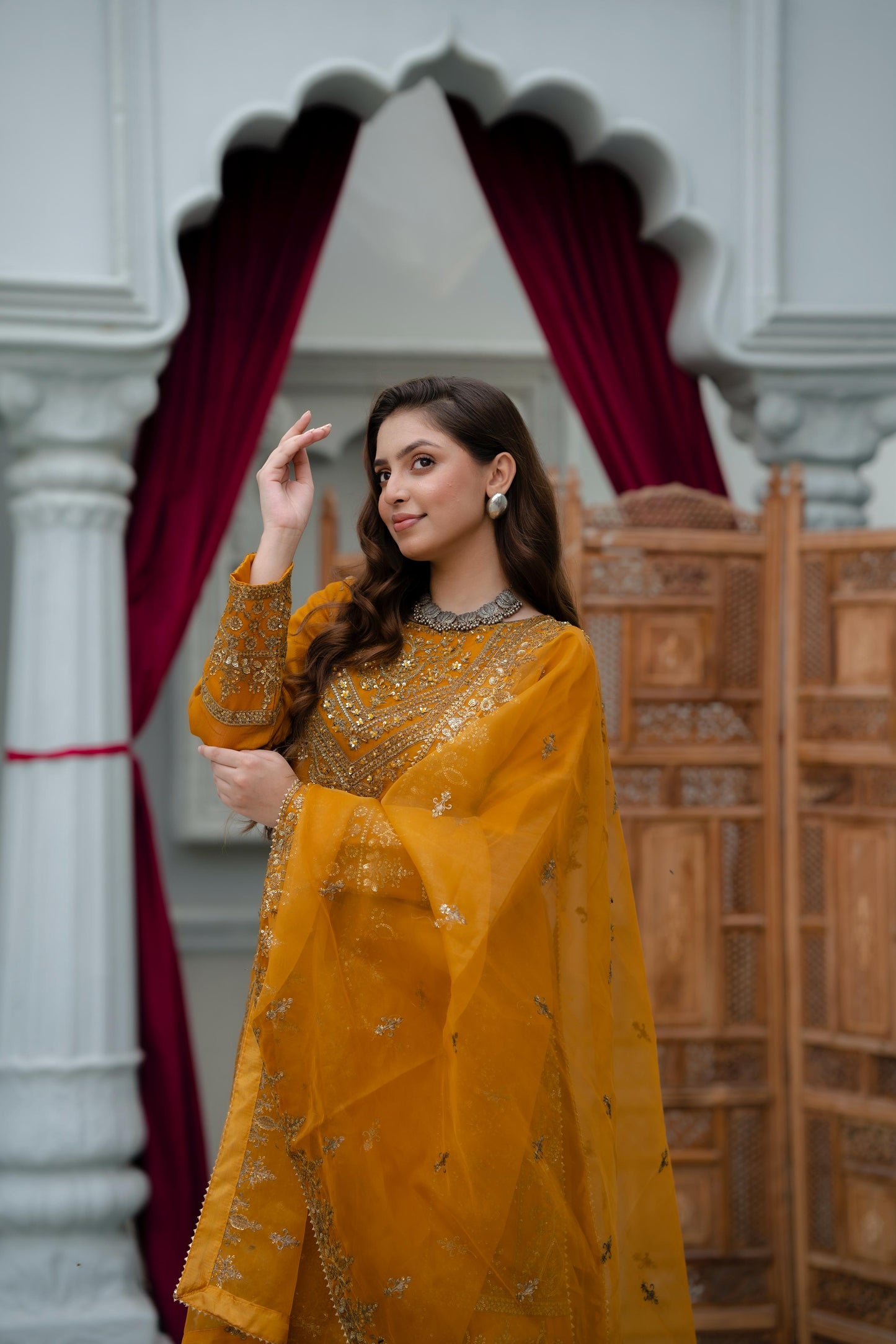Mustard-Gold Crinkle Chiffon 3 pc Suit