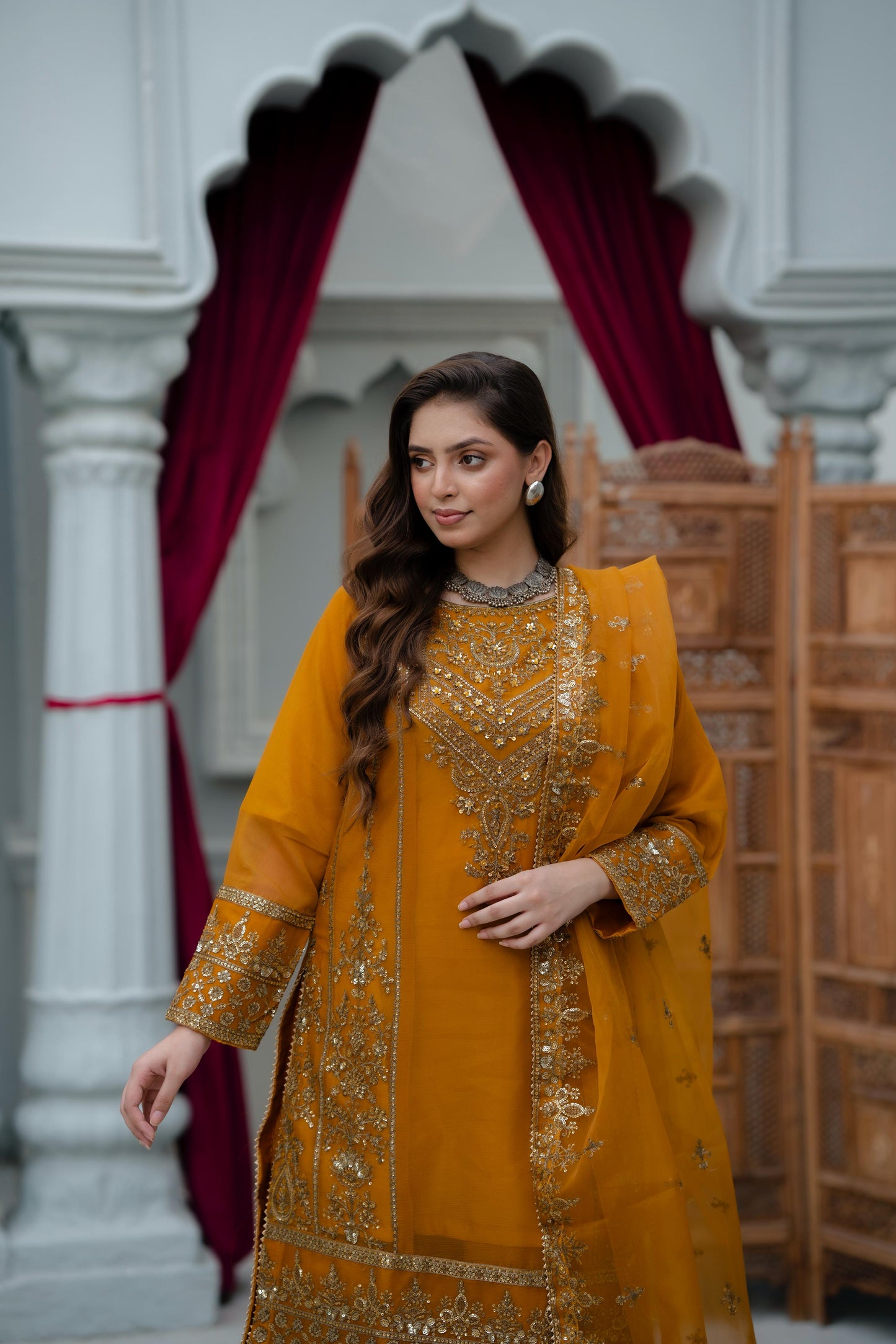 Mustard-Gold Crinkle Chiffon 3 pc Suit
