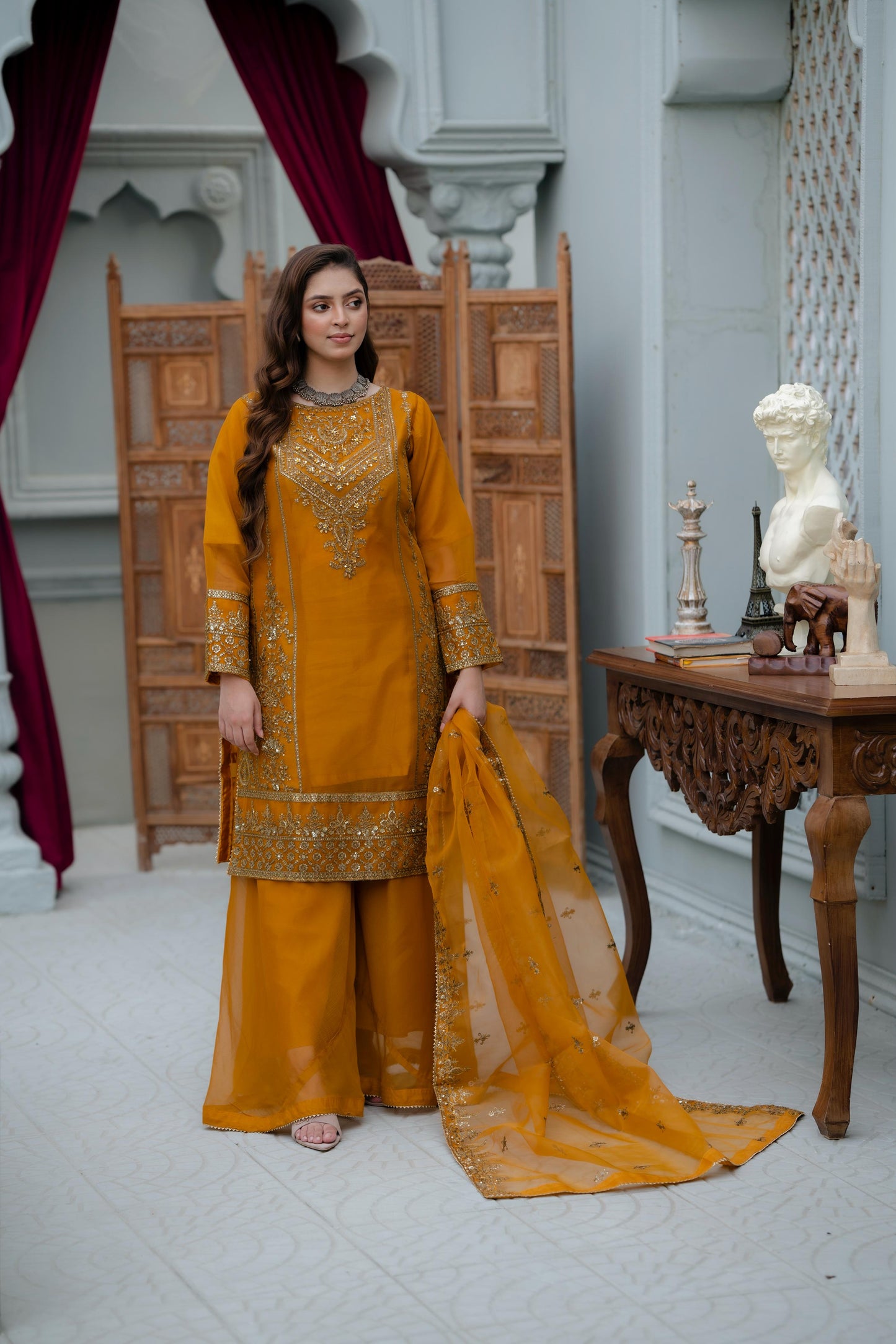 Mustard-Gold Crinkle Chiffon 3 pc Suit