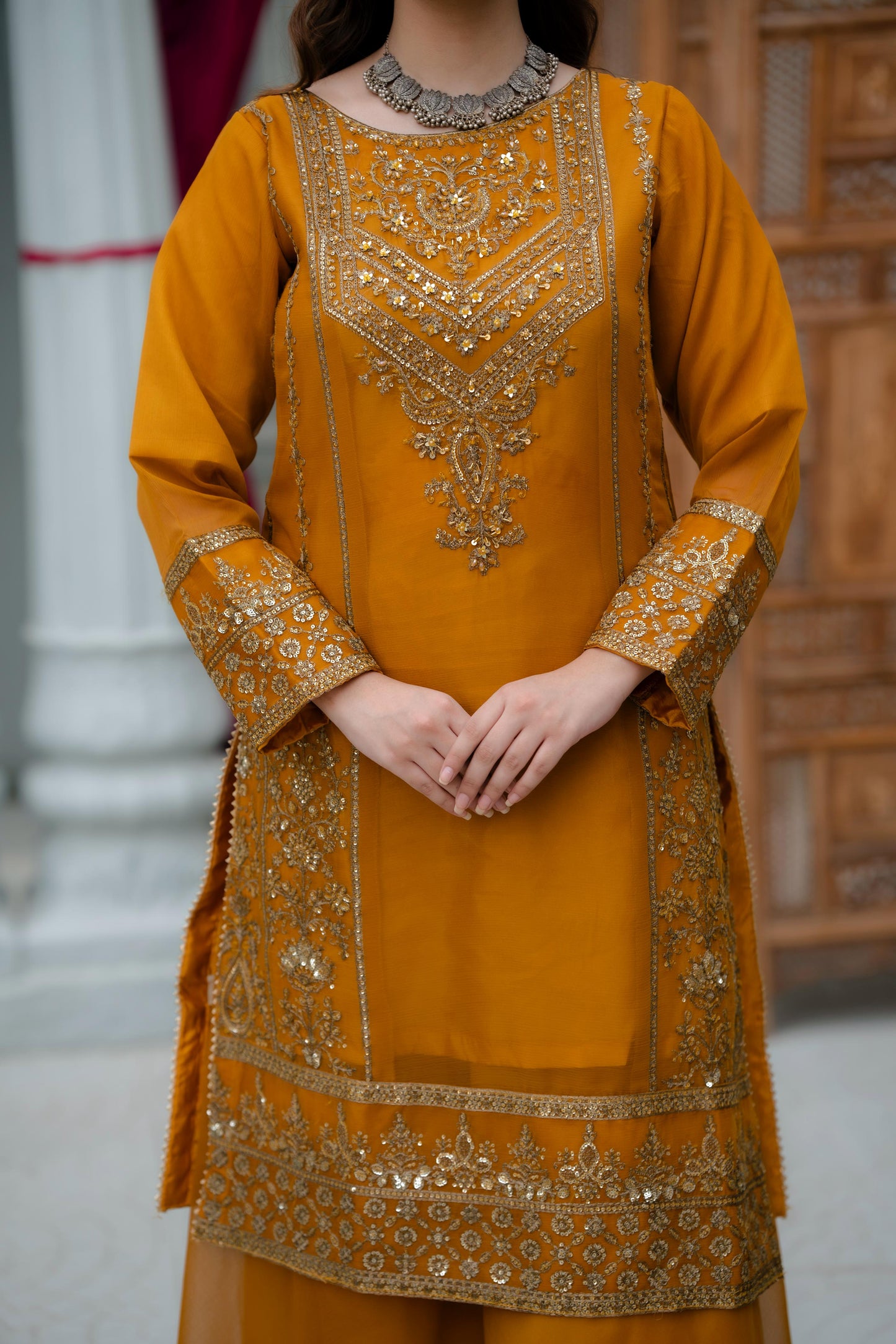 Mustard-Gold Crinkle Chiffon 3 pc Suit