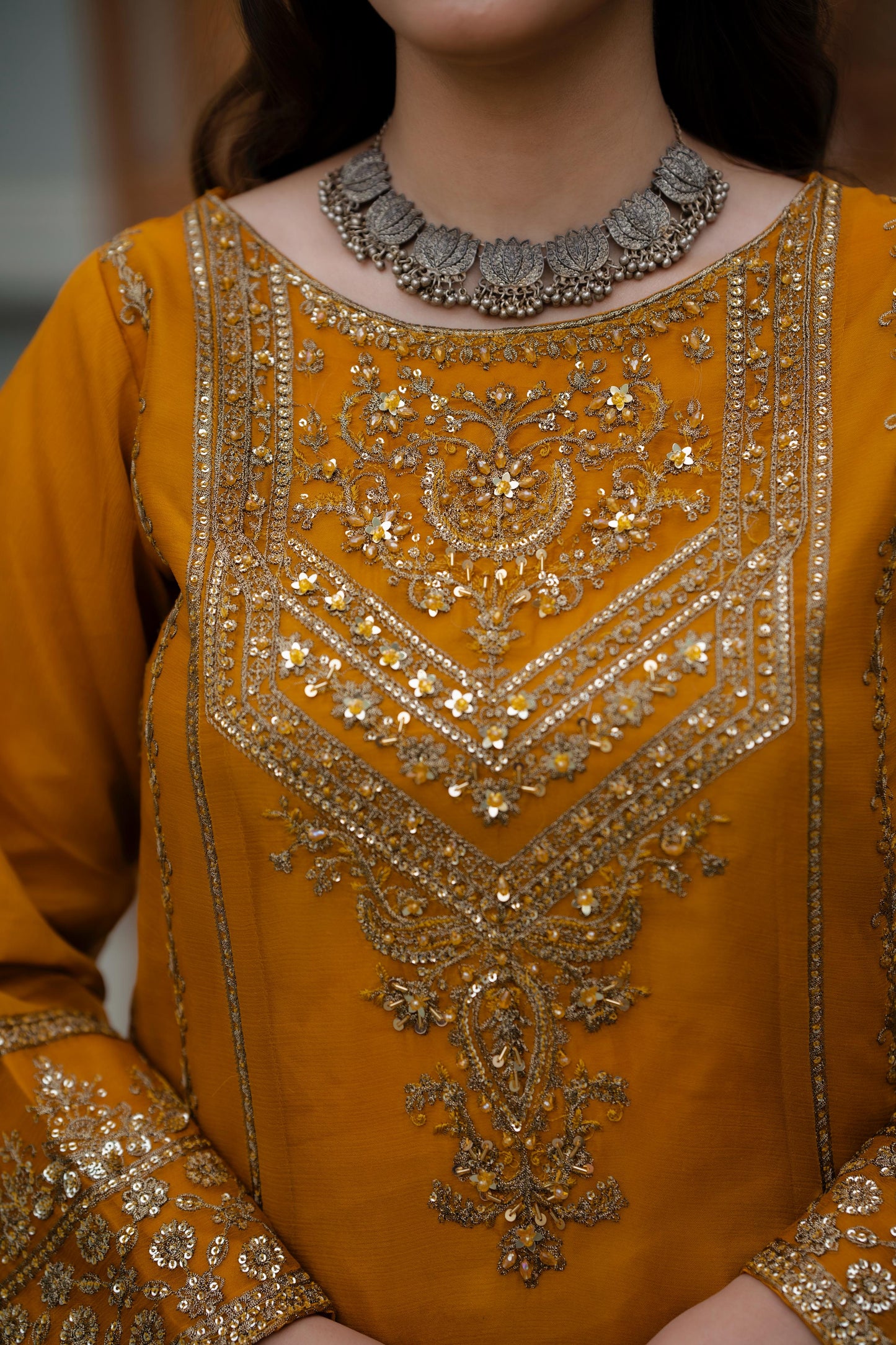 Mustard-Gold Crinkle Chiffon 3 pc Suit